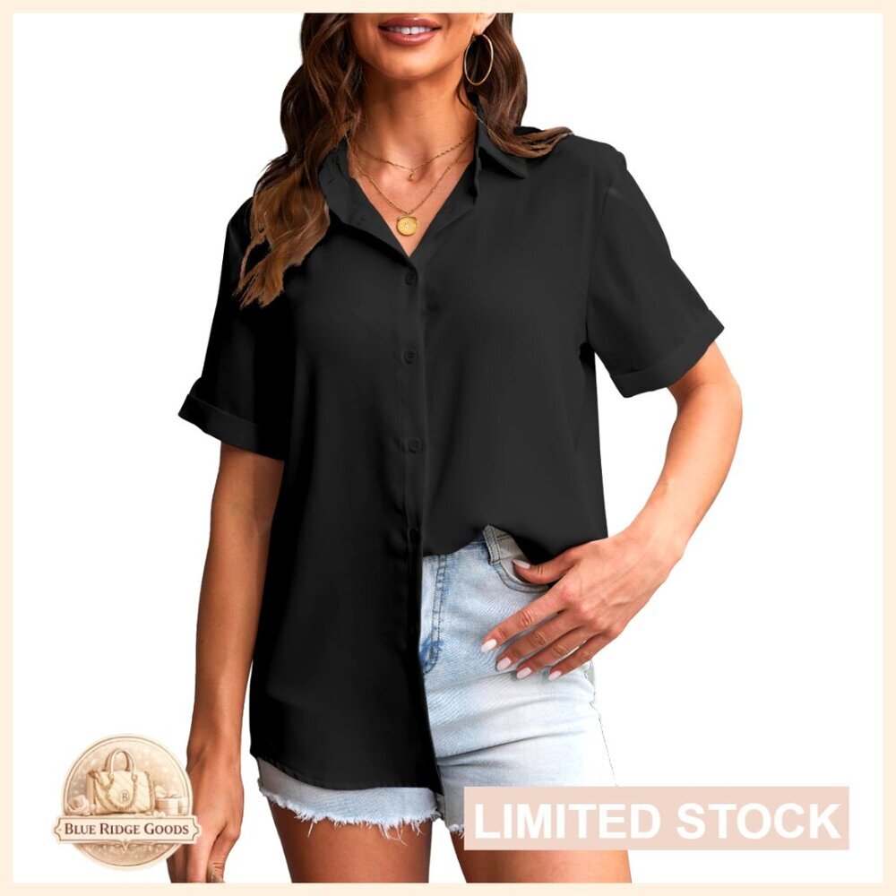 Chiffon Button Down Shirt Classic Collared Blouse Work Office Casual Chic
